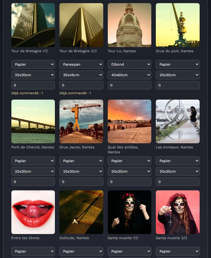 Catalogue de photos à louer, avec choix du support et de la taille